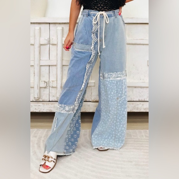 POL Denim - ✨NWT Pol Boho Patchwork Floral Multi-Patterned Wide Leg Lightweight Denim Pants